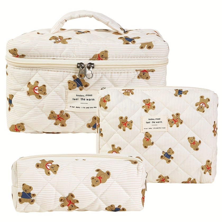 Trousse de Maquillage en Coton en Forme d&#39;Ours Mignon - Pochette Cosmétique pour Femmes &amp; Filles, Organisateur de Toilette de Voyage Non Étanche, Sans Parfum