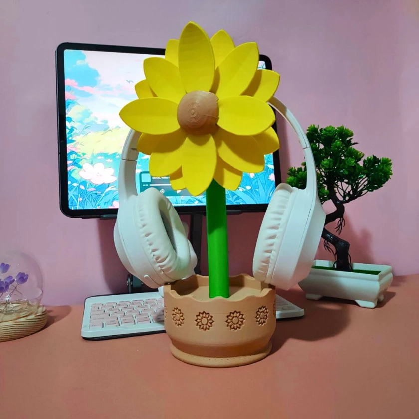 Sunflower headphone stand | available in multiple colors | aesthetic desk decor | flower headset display |ps5| headphone holder