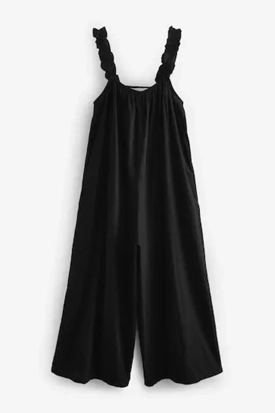 Black Ruffle Strap Wide Leg Cotton Jumpsuit