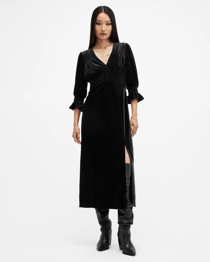 Ani V-Neck Velvet Midi Dress Black | ALLSAINTS