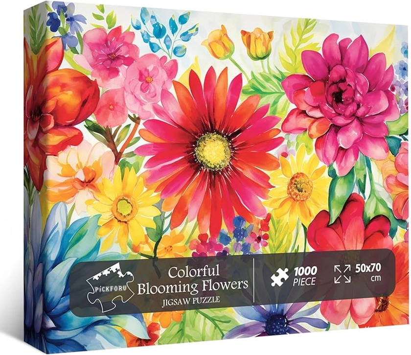 Colorful Flower Puzzles for Adults, Watercolor Plant Floral Puzzle Art, Flower Garden Jigsaw Puzzles 1000 Pieces Painting as Flower Lover Gifts