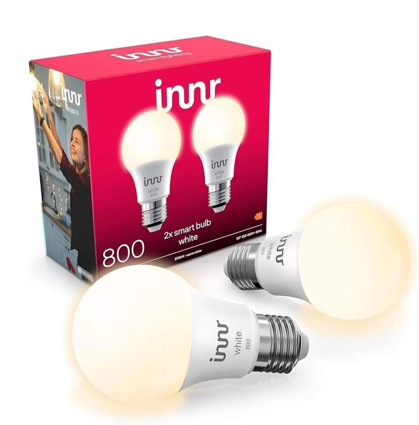 innr Ampoule Connectée E27 LED, Lampe Connectée Blanche Chaude, Fonctionne avec Hue*, Alexa, Amazon Echo (4e gén), Zigbee LED Lampe, Variable, 806 lumens - 2 Pack