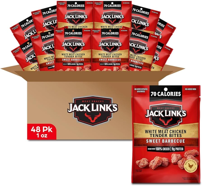 Jack Link's Chicken Tender Bites, Sweet BBQ, Bulk Pack - Flavorful Meat Snack for School, 9g Protein and 70 Calories, Made with 100% Chicken, 1oz (Pack of 48)