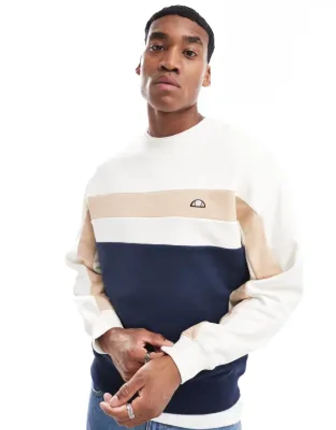 ellesse Andora chest stripe sweatshirt in off white and navy | ASOS