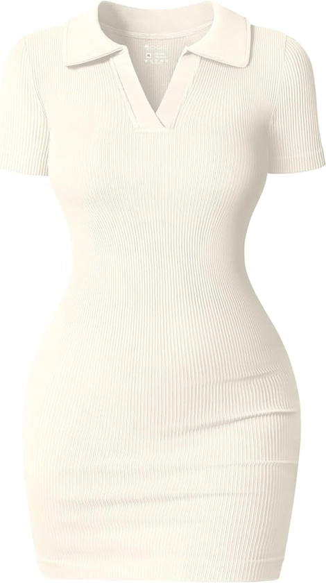OQQ Women's Mini Dresses Sexy Ribbed Short Sleeve Tummy Control Bodycon Mini Dress