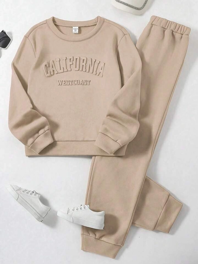 Tween Girl Letter Embossed Thermal Lined Pullover & Sweatpants