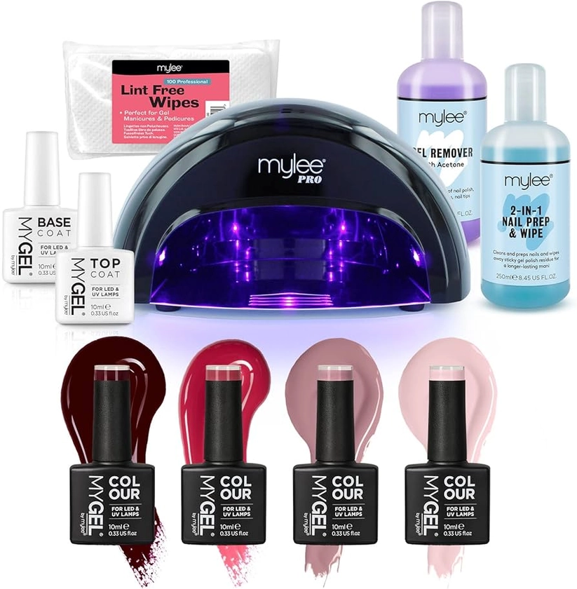 Mylee Complete Professional Gel Nail Polish LED Lamp Kit, 4x MYGEL Colours, Top & Base Coat, Mylee PRO Salon Series Convex Curing® LED Lamp, Prep & Wipe, Gel Remover (Black Lamp)