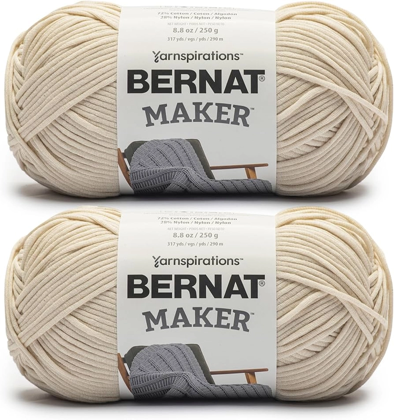 Bernat Maker Cream Yarn - 2 Pack of 250g/8.8oz - 72% Cotton 28% Nylon - #5 Bulky - 290m/317Yards - for Knitting, Crochet and Amigurumi