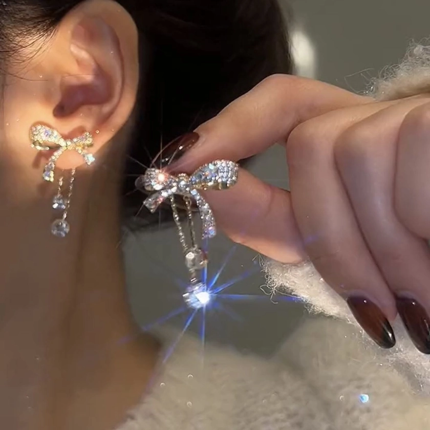 Boucles d&#39;oreilles à strass en forme de nœud en 3D, élégantes et simples, cadeau d&#39;anniversaire pour les amis