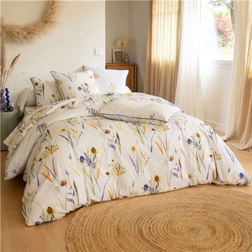 Linge de lit percale imprimé fleurs bleues - BECQUET CRÉATIO | Becquet