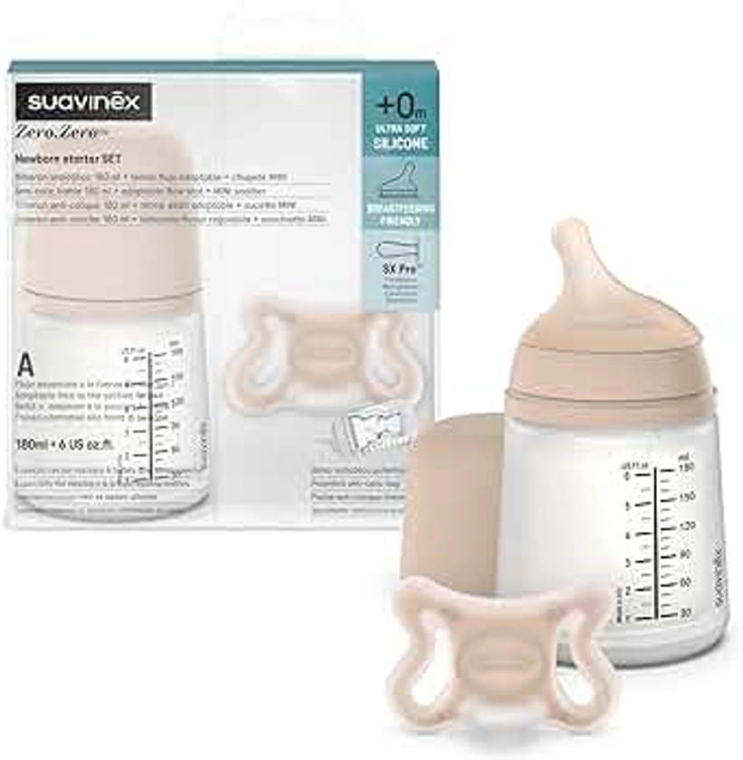 Suavinex, Starter Set Zero Zero, Biberon Anti-Colique 180 ml avec Tétine Spécial Allaitement + Sucette Zero Zero, Sucette Naissance Taille Mini (-2 à 2 mois) avec Tétine Symétrique SX Pro, Light