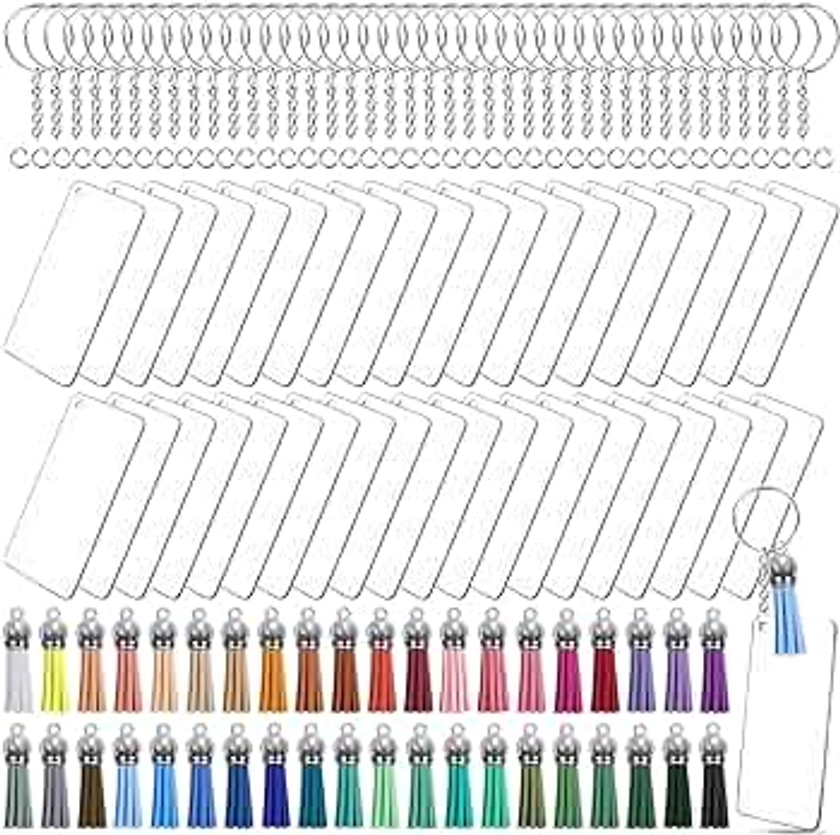 Duufin 120 Pieces Acrylic Keyring Blanks Tassels Set Including 30 Pcs 3x7cm Rectangle Acrylic Blanks 30 Pcs Key Ring with Chain 30 Pcs Keychain Tassels and 30 Pcs Jump Ring for DIY Projects and Craft
