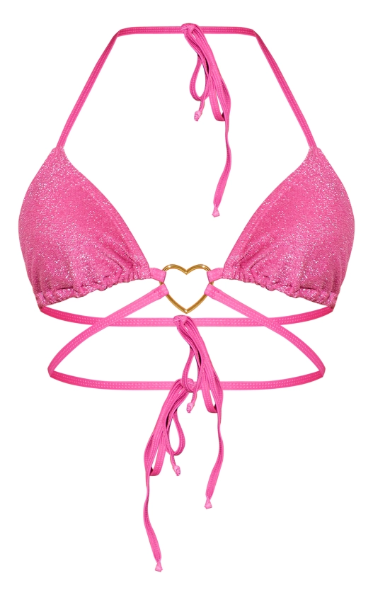 Hot Pink Heart Trim Glitter Triangle Bikini Top