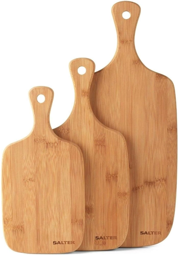 Salter Wooden Chopping Boards - 3 Piece Bamboo Chopping Board Set - 30cm, 35cm, 45cm, Chop, Cut & Carve Meat, Vegetables, Cheese & Bread, Protects Worktops, Paddle Handles With Hooks, BW06732EU7