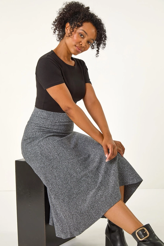 Grey Petite Stretch Knitted Midi Skirt | Roman UK