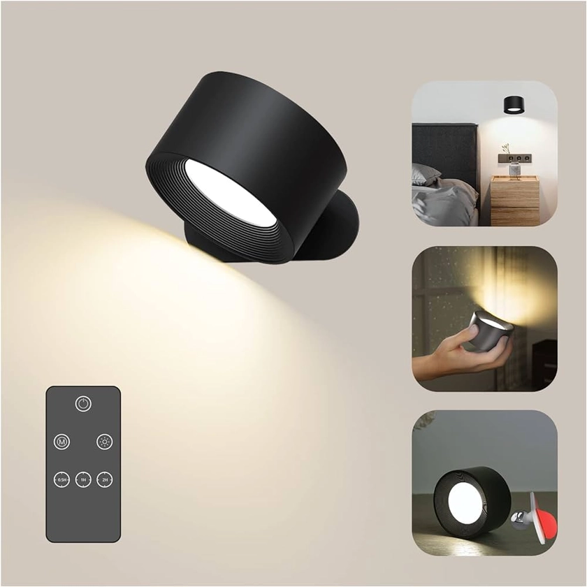 Amazon.com: LED Wall Sconce, Wall Mounted Lamp with Rechargeable Battery Operated 3 Color Temperature & 3 Brightness Level 360°Rotate Magnetic Ball, Touch&Remote Control, Cordless Wall Light for Reading Bedside