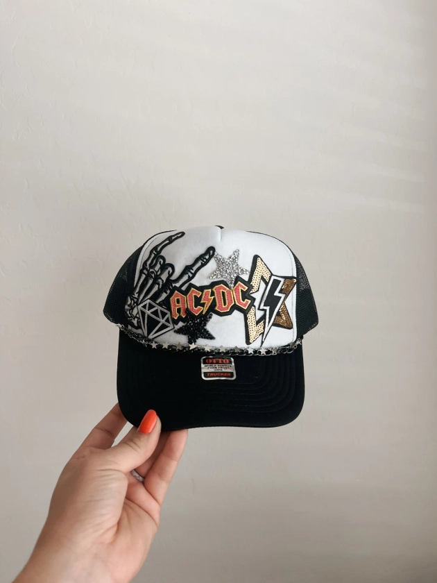 Rock And Roll Trucker Patch Hat, Iron Patches, Trucker Hat, Cowgirl Trucker Hat, Woman’s Trucker Hat, Camo Trucker Hat With Patches