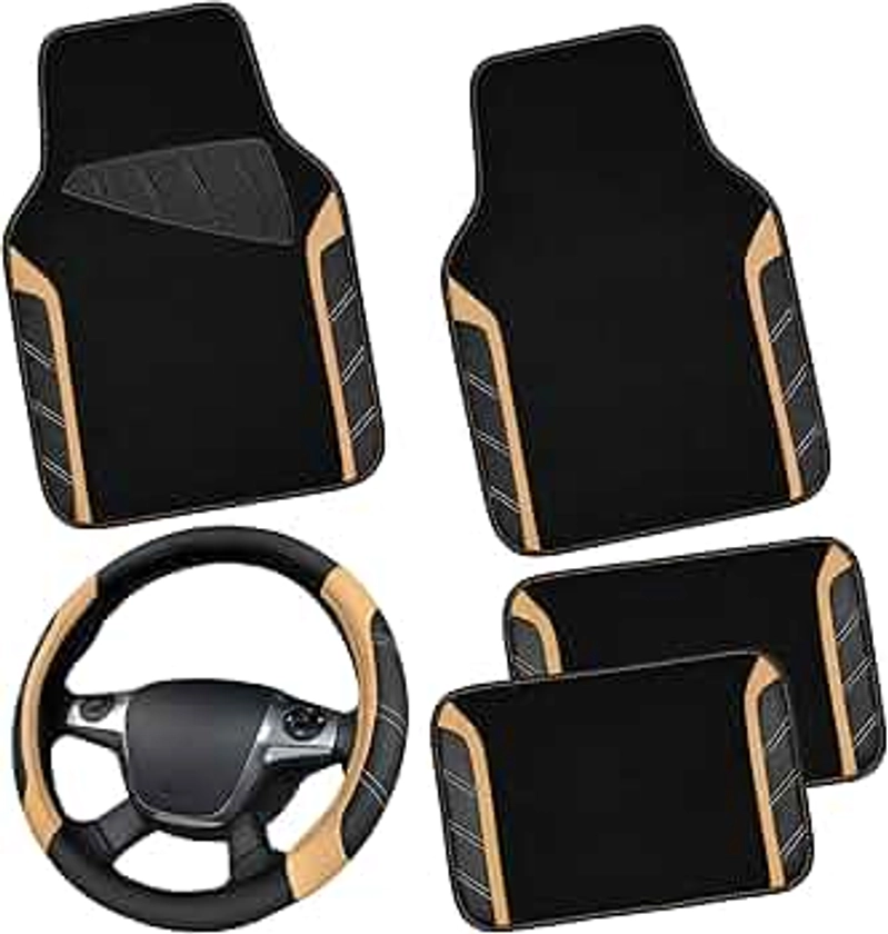 CAR PASS Microfiber Steering Wheel Cover and Waterproof Car Floor Mats,Leather Universal Car Combo Fit for 95% Truck,SUV,Cars,14.5-15inch Sporty Anti-Slip Safety Comfortable Design(Black and Beige)