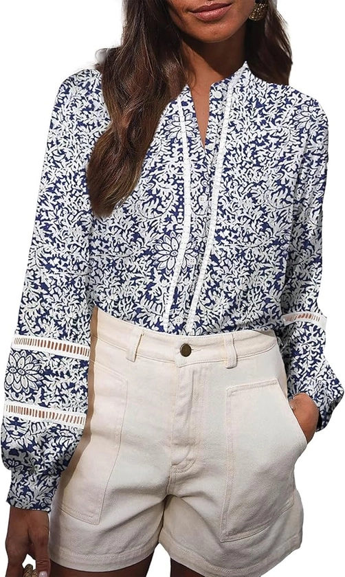 Astylish Womens Floral Printed Mock Neck Shirt Button Down Eyelet Blouse Tops