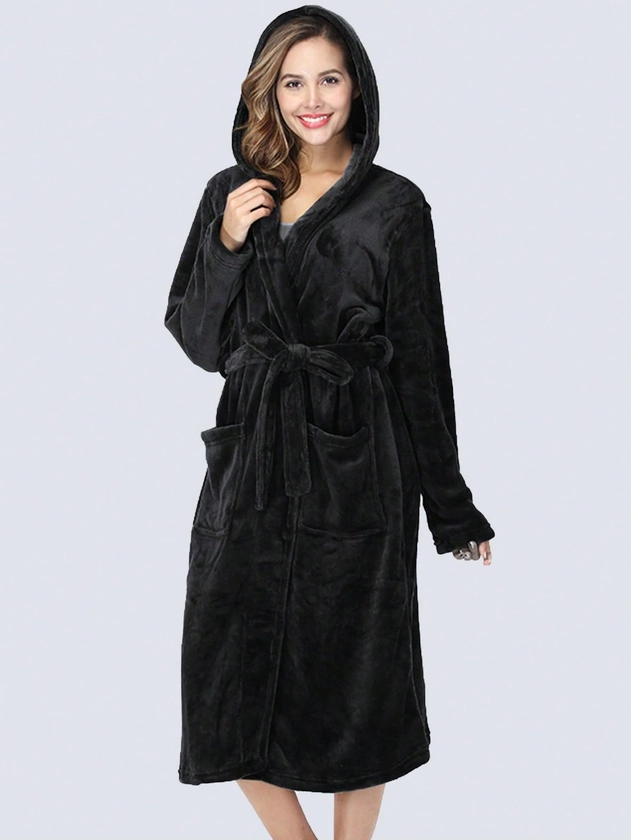 1pc Women's Simple Solid Color Thickened Coral Fleece Hooded Robe, Suitable For Home Use In Autumn/Winter