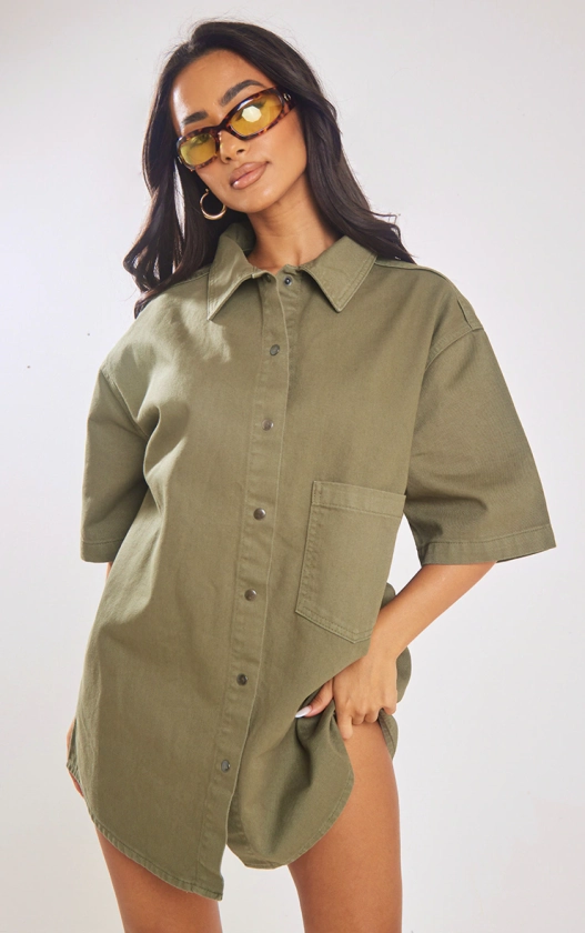 Petite Washed Green Oversized Denim Shirt Dress