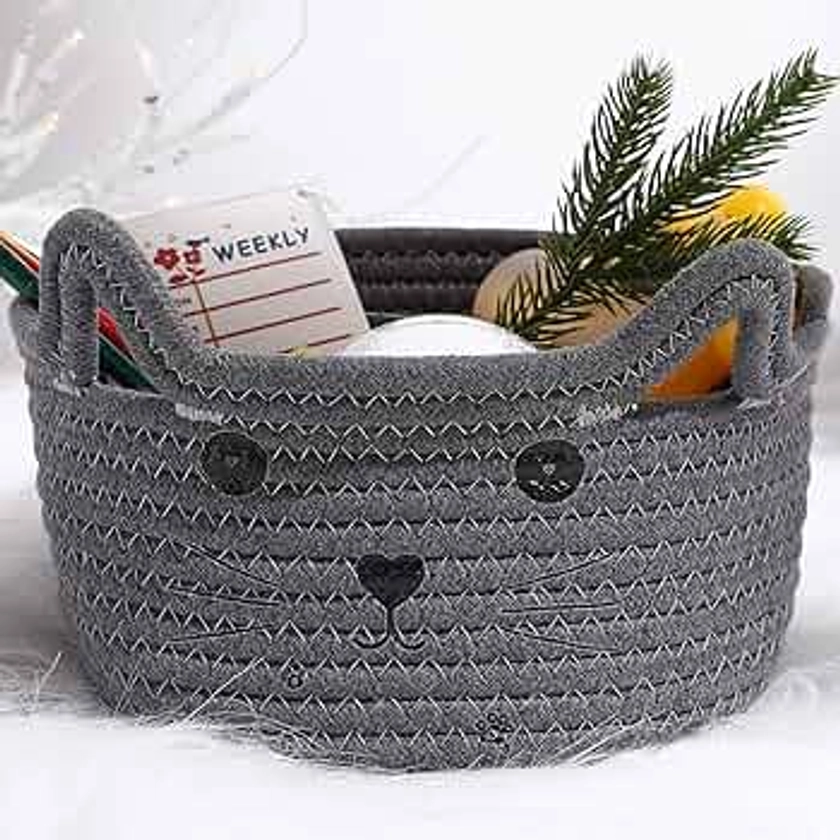 Petit Panier de Chat Organisateur de Panier Tissé de Stockage avec Oreilles Panier Mignon de Jouet pour Animaux Décoratif Panier en Corde de Coton, 8,3 Pouces L x 4,7 Pouces H (Gris)