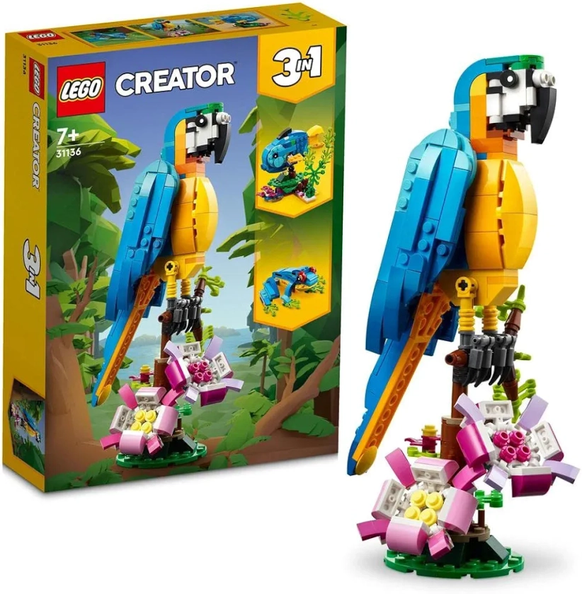 LEGO Creator Pappagallo Esotico, Set 3 in 1 con Pesce e Rana, Animali Giocattolo da Costruire, Giochi Creativi per Bambini e Bambine da 7 Anni in su con Figure della Giungla, Idee Regalo 31136