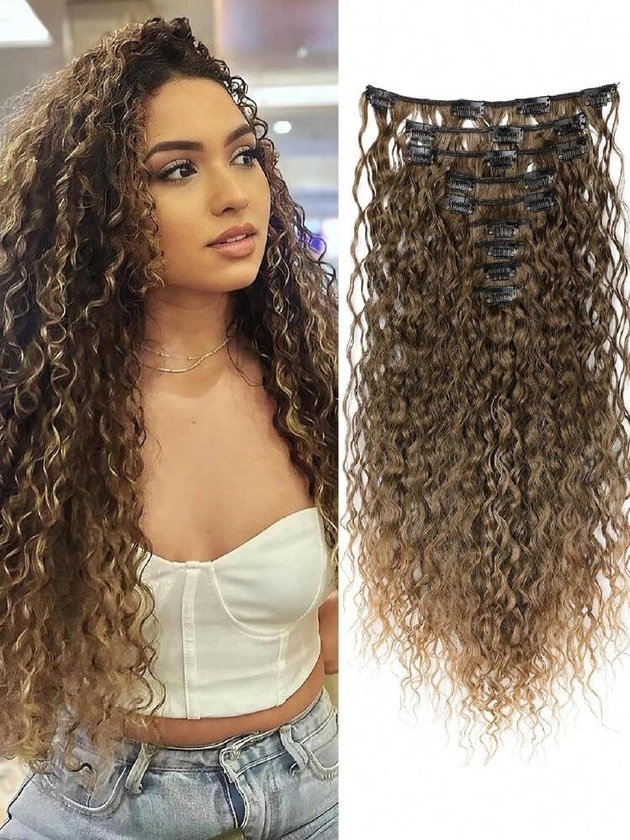 Extensions de cheveux bouclés en fibre synthétique résistante à la chaleur, rideaux de cheveux doubles couvrant toute la tête, set de 9 pièces | Mode en ligne | SHEIN FRANCE