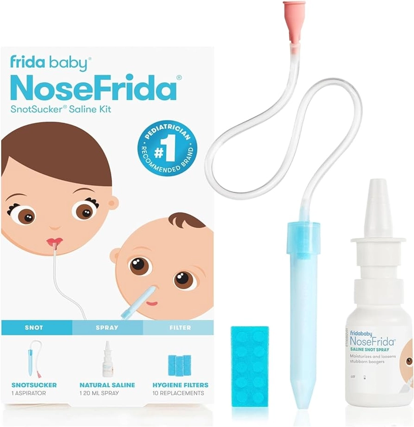 Amazon.com: Frida Baby Aspirador nasal para bebês, sugador nasal NoseFrida Baby com 10 filtros extras + spray nasal salino totalmente natural para bebês, descongestionante em spray nasal, 20 ml : Bebê