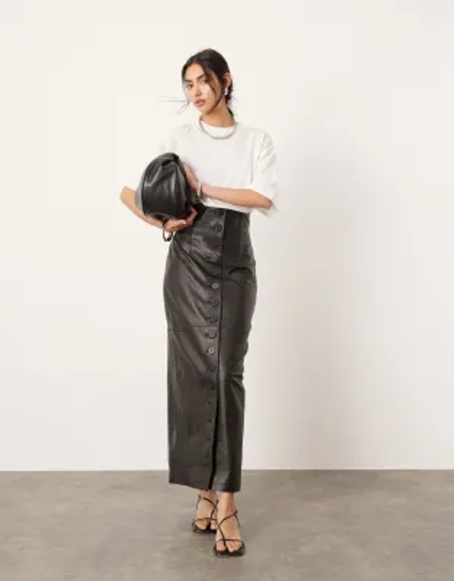 ASOS EDITION soft leather maxi skirt with high waist and buttons detail in black