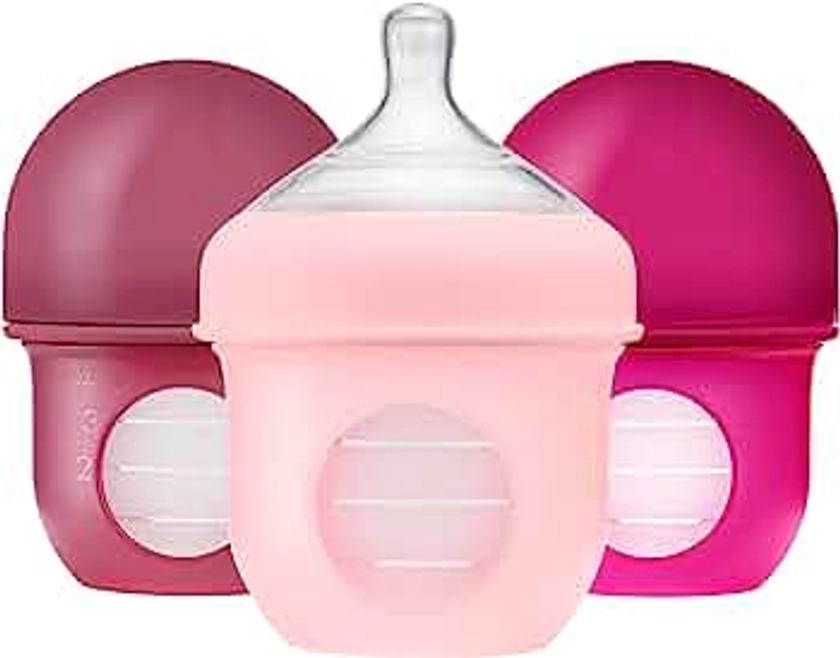 Boon Nursh Reusable Silicone Pouch Baby Bottles - Slow Flow Nipple - Silicone Baby Bottle Pouch and Nipple - Baby Feeding Essentials - Pink - 0-3 Months - 3 Count - 4 Ounce