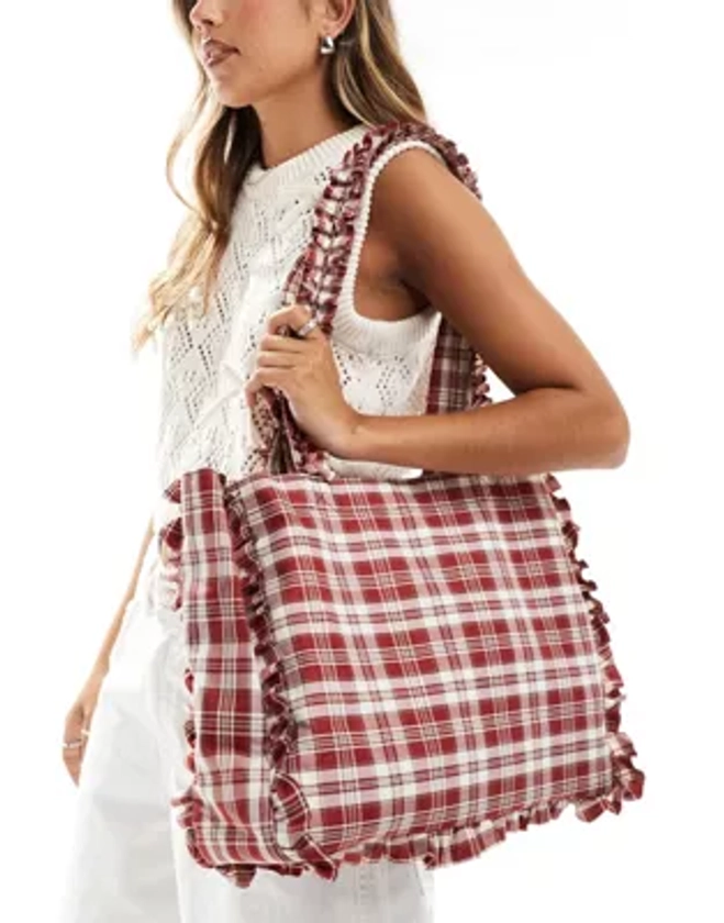 My Accessories frill tote bag in red check