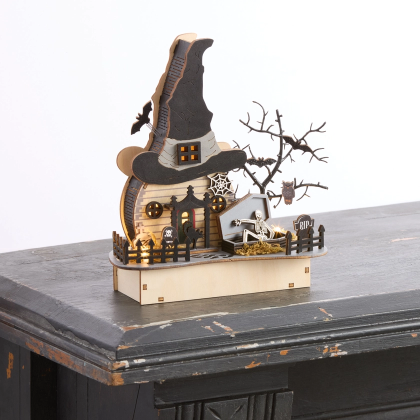 Laser Cut Wood Witch Hat House Halloween LED Light Up Decor - World Market