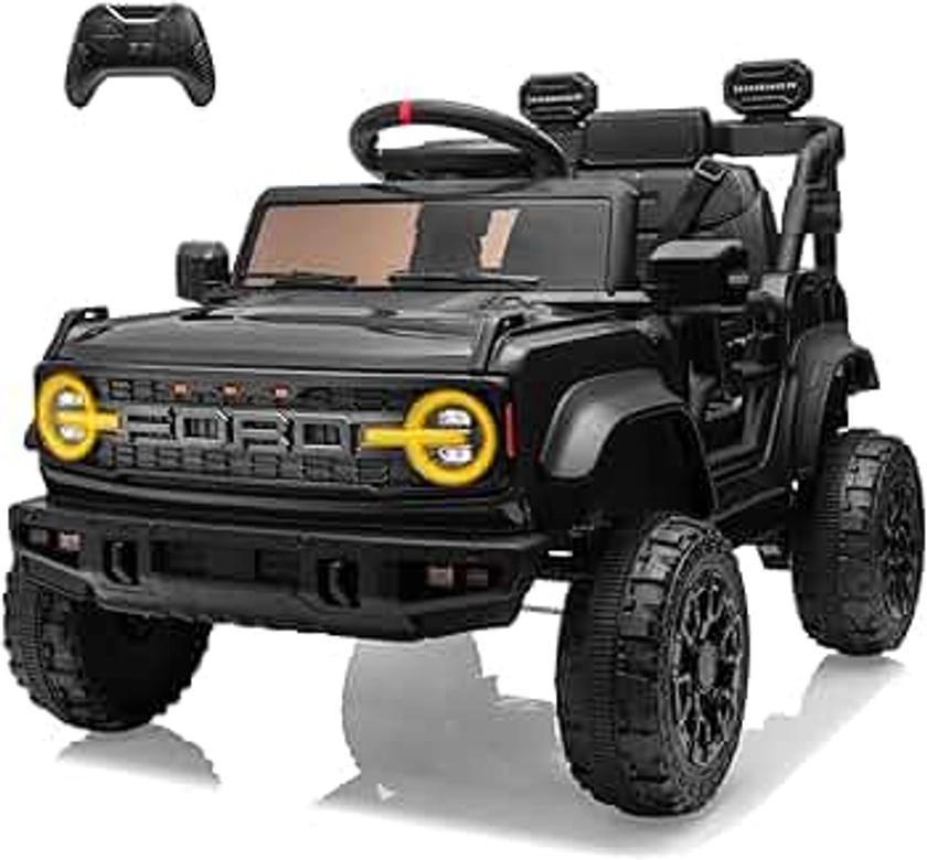 12V Ride on Toy for Kids,Ford Bronco Raptor Kids Electric Vehicle Car with Remote Control,12Volt Ride on Truck Toy Car with 4-Wheel Suspension,LED Light,Bluetooth,3 Speeds (12V, Black)