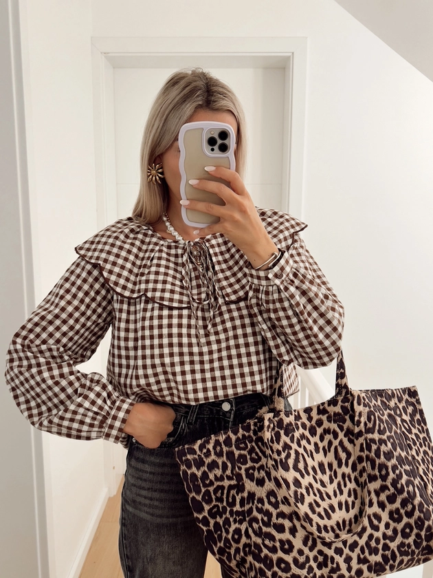 Blouse MAXIME En vichy marron et blanc col claudine