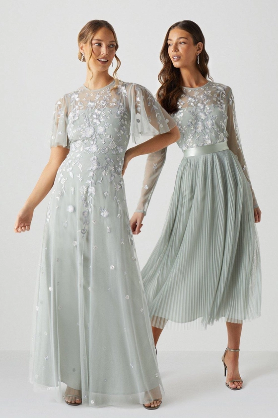 Embroidered Angel Sleeve Bridesmaids Maxi Dress