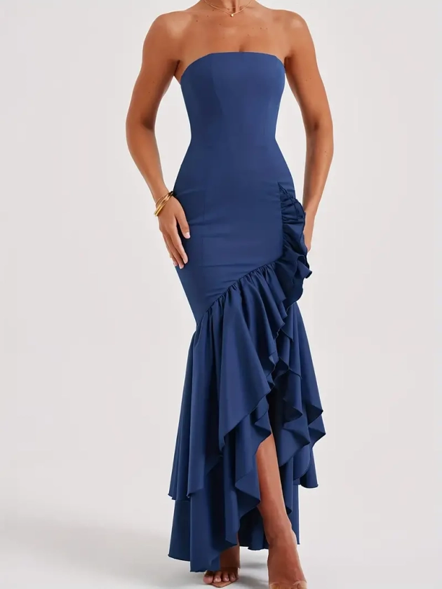 Elegant Shoulder Bodycon Midi Dress Hem Ruffle Detail - Temu Australia