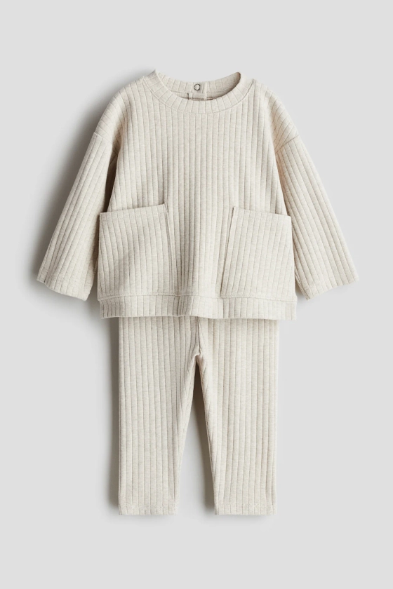 Ensemble 2 pièces en coton à côtes larges - Taille régulière - Encolure ronde - Beige clair - ENFANT | H&M FR