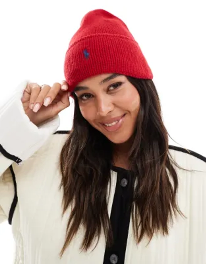 Polo Ralph Lauren - Bonnet en maille avec logo joueur de polo - Rouge | ASOS