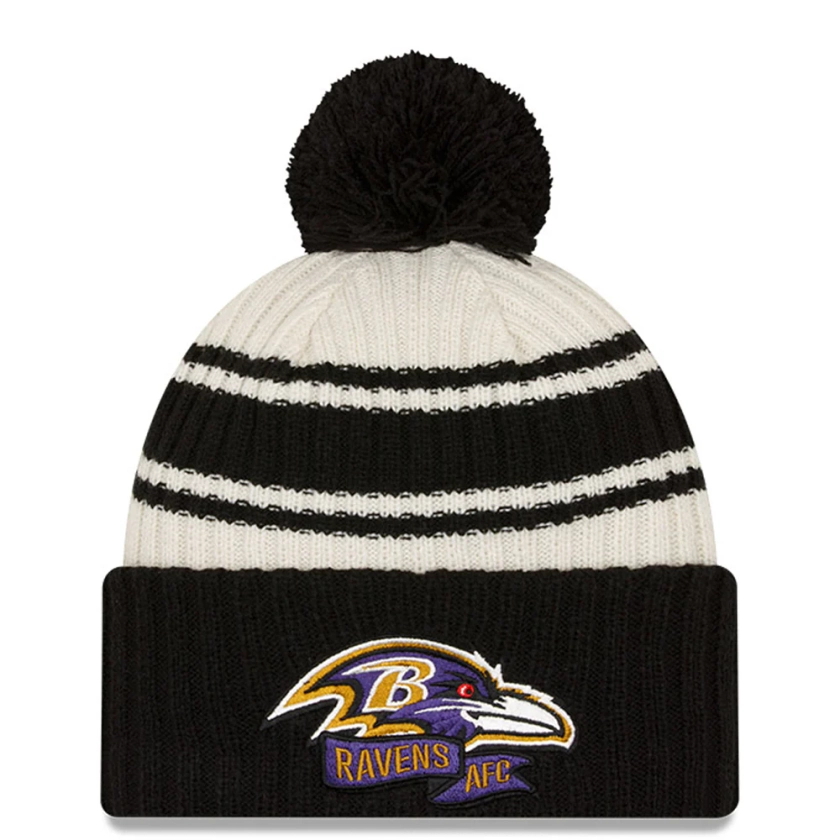 Men's Baltimore Ravens New Era Cream/Black 2022 Sideline Sport Cuffed Pom Knit Hat