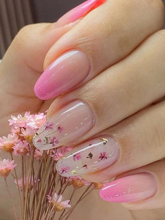Instantly Upgrade Your Look with 24pcs Long Almond Shaped Flower Design Ombre Fake Nail Extension & 1pc Nail Files & 1pc Nail Jelly Glue