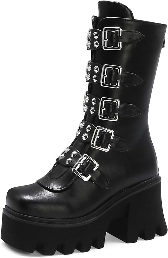 YIYA Black Platform Goth Boots for Women Studded Wide Mid Calf Combat Punk Boots Round Toe Buckle Chunky Heel Back Zipper Thick Sole Ankle Booties