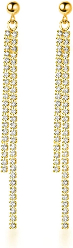 SLUYNZ Sterling Silver Crystal Rhinestone Linear Drop Earrings for Women Teens CZ Long Dangle Earrings Wedding Tassel Chain Studs