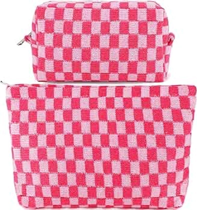 ZLFSRQ 2Pcs Checkered Makeup Bag for Women Large Cosmetic Bag Set Travel Toiletry Bag Makeup Pouch Bag for Purse Pink Zipper Storage Bag Organizer Cute Small Aesthetic Girls Car Essentials Bag