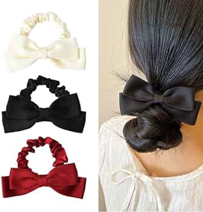 Bow Scrunchies for Women Ponytail Holder Hair Ties for Thick Thin Hair Silk Scrunchies for Hair Ropes for Women Girls Bowknot Black Red White Scrunchy Hair Accessories Elastic Hair Bands 3PCS