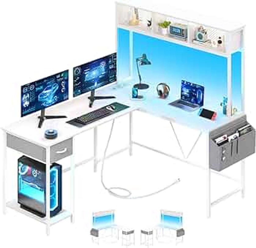 Yoobure L Shaped Desk Gaming Desk with LED Strip & Power Outlet, Reversible L-Shaped Computer Desk with Storage Shelf & Drawer, Corner Desk with Storage Bag, 2 Person Home Office Desk, White