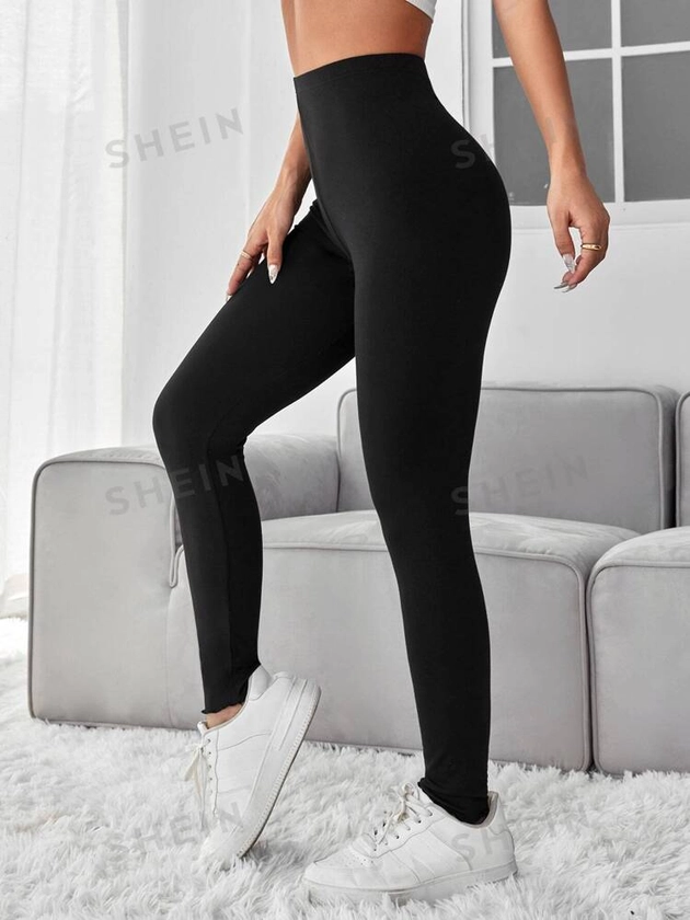 SHEIN PETITE Solid High Waist Bodycon Black Leggings