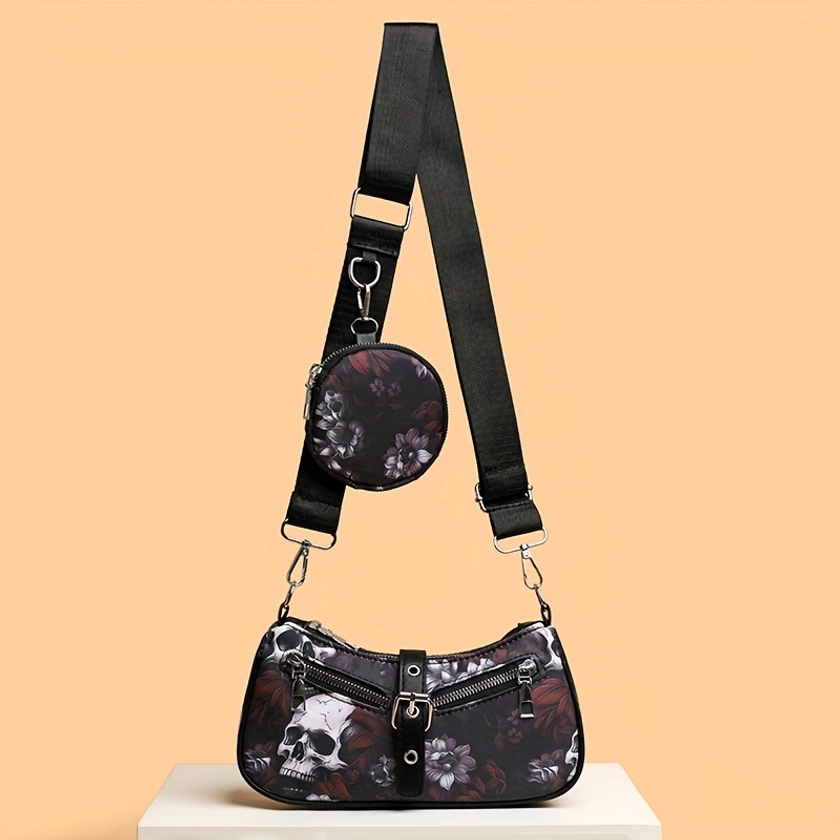 Gothic Skull Flower Pattern Shoulder Bag, Punk Style Crescent Handbag, Vintage Halloween Crossbody Bag With Round Coin Purse