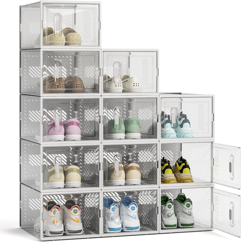 FUNLAX Boîtes à Chaussures Empilables, Lot de 12 boîtes transparentes avec porte magnétique, Taille jusqu'à 45 Rangement pratique, Grand Blanc