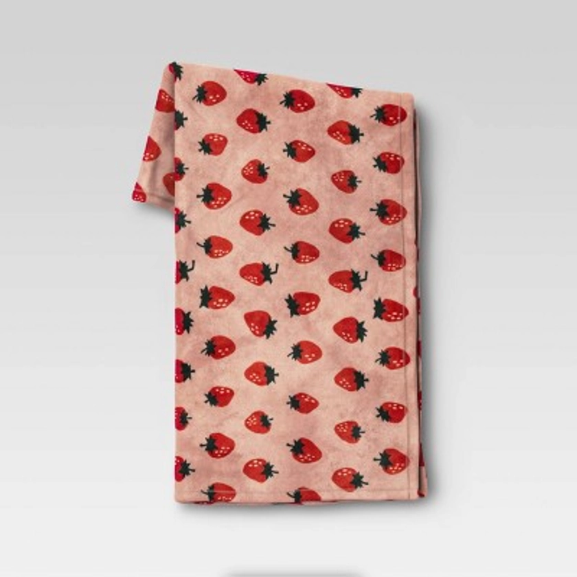 Printed Strawberry Plush Throw Blanket Blush - Room Essentials™: Soft Flannel, Sensory Friendly, 50x60"